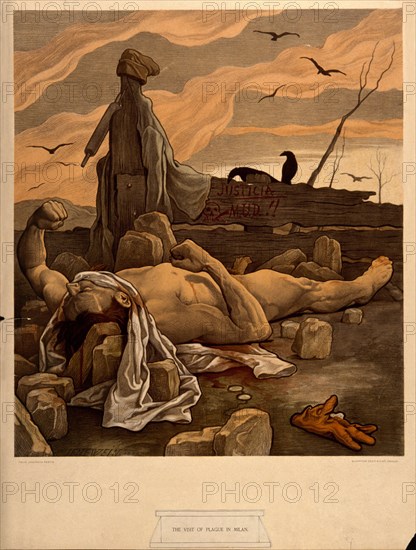 A dying man, stoned on suspicion of spreading the plague. Colour lithograph after F. Jenewein, 1899.