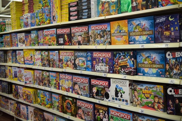 MELUN - FRANCE - DECEMBER 2021: view on the monopoly game in a toy department at a merchant