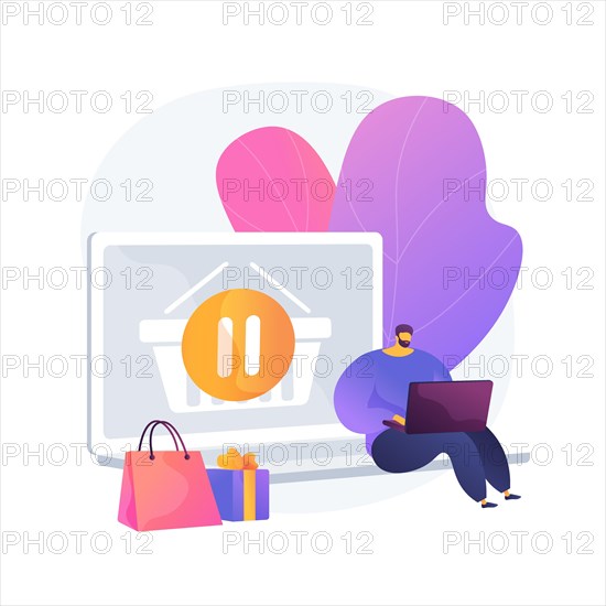 Purchases suspension, pause in shopping, postponing buy until later. Stop buying, enough goods, decline in shopping activity. Buyer cartoon character.