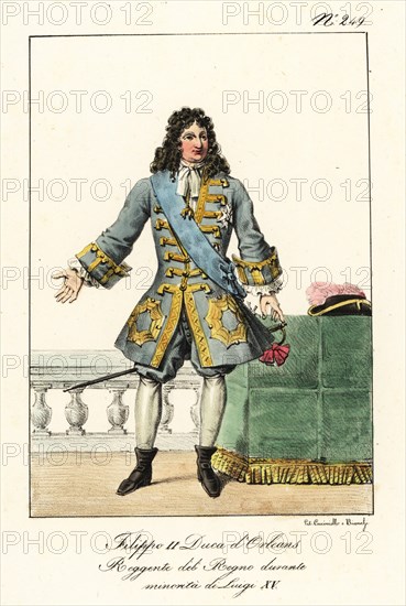 Philippe II, Duke of Orleans, 1674-1723, French royal, soldier, and statesman who served as Regent of France. In blue coat with gold frogging, cravatte, breeches, hose, bootlets, with court sword. Philippe II. Duc d'Orleans. Regent du Royaume pendant le minorite de Louis XV. Handcoloured lithograph by Lorenzo Bianchi and Domenico Cuciniello after Hippolyte Lecomte from Costumi civili e militari della monarchia francese dal 1200 al 1820, Naples, 1825. Italian edition of Lecomte’s Civilian and military costumes of the French monarchy from 1200 to 1820.