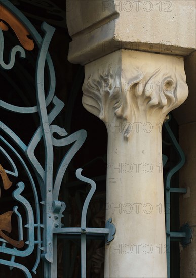 Detail of the main entrance to the Castel Béranger in Paris, France. The residential building known as the Castel Béranger was designed by French architect Hector Guimard and built between 1895 and 1898 in Rue de la Fontaine. It was the first building in Paris in the style known as Art Nouveau.