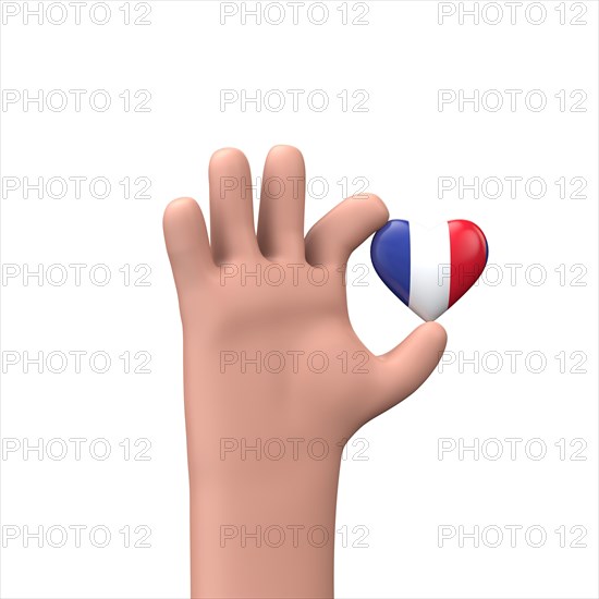 Hand holding a france flag heart. Community togetherness concept. 3D Rendering