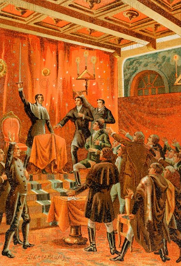 History of Spain. Liberal Revolution of 1820. "Oath of the liberal conspirators at the Taller Sublime lodge." The various lodges of the regiments were called together for a solemn meeting in Cádiz to conjure up a conspiracy in favour of the insurrection. Alcalá Galiano was the speaker, on a stage with Masonic symbolism. Illustration by Serra Pausas. Chromolithography. "Historia de la Revolución Española" (desde la Guerra de la Independencia a la Restauración en Sagunto), by Vicente Blasco Ibáñez. Volume I. Published in Barcelona, 1890.