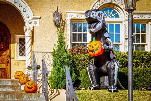 Giant Halloween inflatable skeleton dinosaur roaring and holding pumpkin in front of upscale residential house decorated with jack-o-lanterns