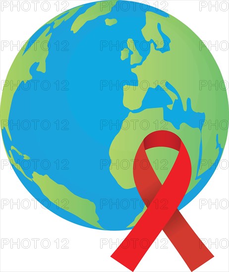 Earth globe with red ribbon, world AIDS day awareness