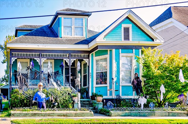 A historic Queen Anne cottage is decorated for Halloween, Sept. 23, 2023, in Mobile, Alabama.