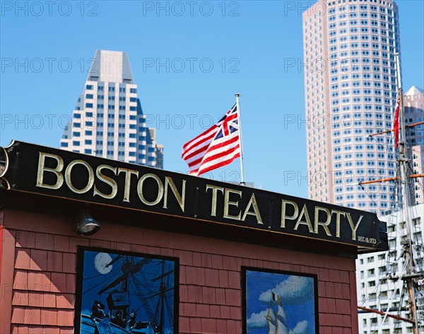 USA  MASSACHUSETTS  BOSTON  TEA PARTY SIGN AND FLAG