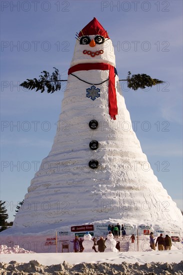 A view the world's tallest snowman in Bethel, Maine.