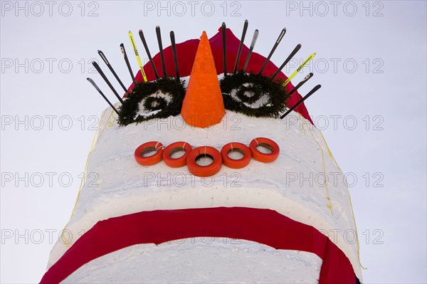 A close up view the world's tallest snowman in Bethel Maine.