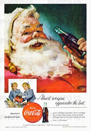 Classic Coca Cola advert in American magazine featuring colour illustration of Santa Father Christmas dated December 1955