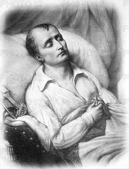 Portrait of Emperor Napoleon Bonaparte on his Death Bed, c19th Engraving or Illustration