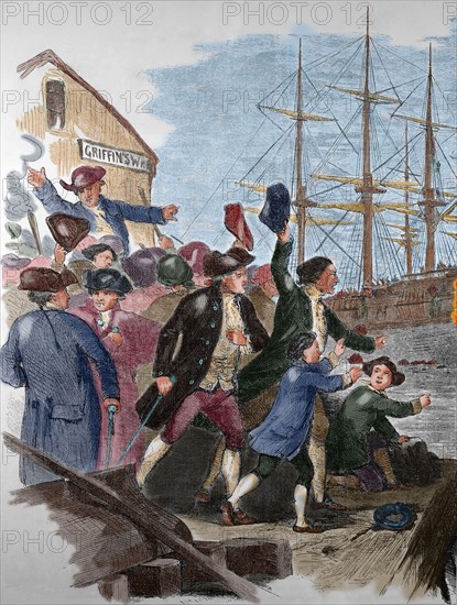 The Boston Tea Party. December 16, 1773. The destruction of Tea at Boston Harbor.Colored engraving. 19th century.