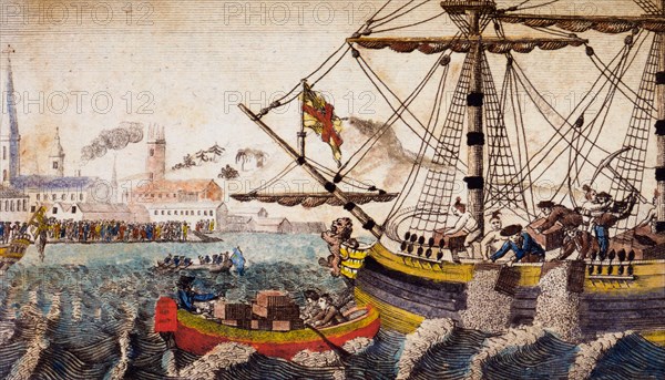 Americans throwing the cargoes of the Tea Ships into the river at Boston, Boston tea party