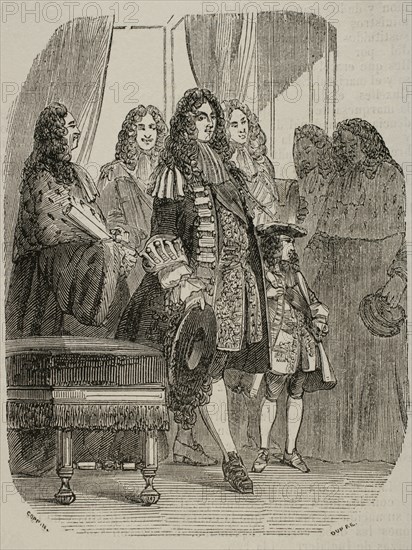 The Regent Philippe of Orleans (1674-1723) with Louis XV (1710-1774) as a child in the Parliament. Engraving.