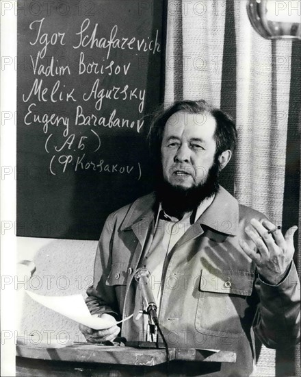 Nov. 11, 1974 - Solzhenitsyn holds press conference: Alexander Solzhenitsyn held his first Press Conference in the West since he was expelled from Russia in March. The purpose of the conference held in Zurich on Saturday, was to announce the publication of a collection of essays on the future of Russia by Solzhenitsyn and a group of his friends in Moscow. Photo shows Alexander Solzhenitsyn pictured during his Press Conference in Zurich.