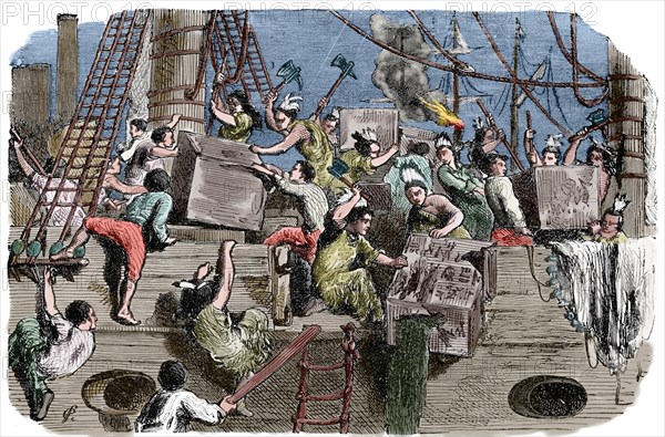 Boston Tea Party. Political protest by the Sons of Liberty in Boston. December 16, 1773. Engraving. Later colouration.