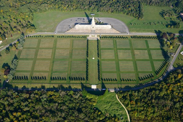 AERIAL VIEW. Douaumont Ossuary and Cemetery. WWI cemetery near Verdun. Meuse, Lorraine, Grand Est, France.