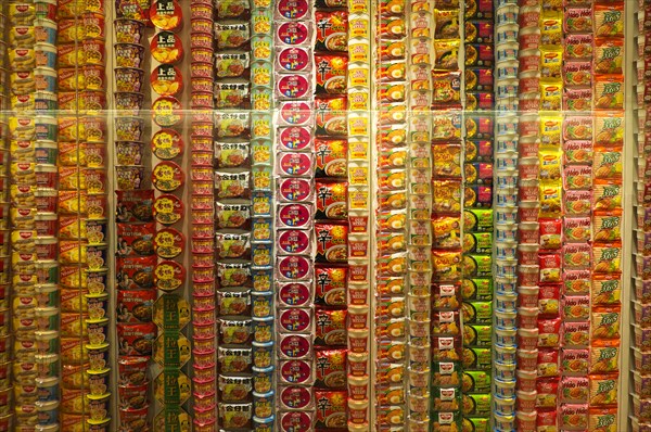 Instant noodle samples displayed at the main exhibition room in the Cup Noodles Museum, Yokohama