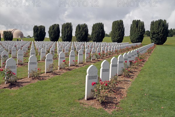 Muslim headstones in the French National Cemetery in front of the Douaumont ossuary, near Fort Douaumont, near Verdun, France.