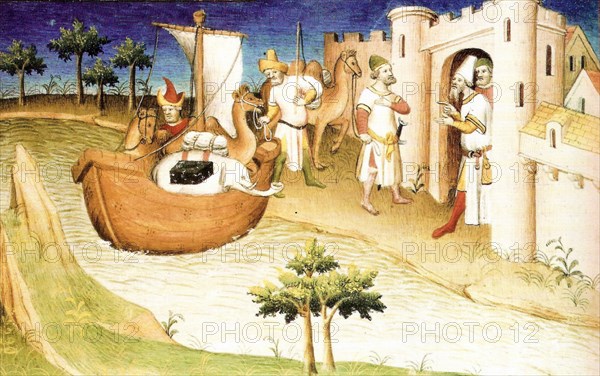Marco Polo with elephants and camels in the Gulf of Persia from India. Miniature from the book, The Travels of Marco Polo. Marco Polo (1254-1324) was a Venetian merchant traveler and the most famous Westerner to have traveled on the Silk Road. He excelled