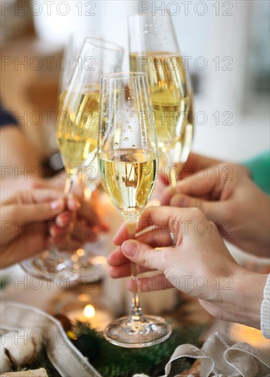 Group of friends toasting with champagne while having Christmas dinner. Close up