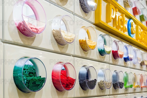 London, UK - November 22, 2016 - Colourful LEGO bricks displayed in the worlds largest LEGO store, newly opened in Leicester Square