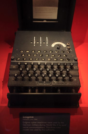WWII German military Enigma machine display in International Spy Museum.Washington D.C.USA