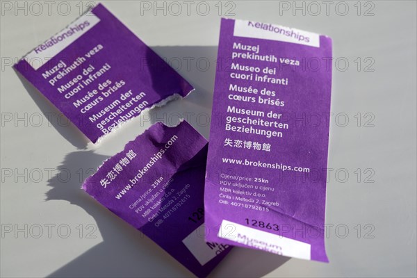 A ripped up ticket from the Museum of Broken Relationships in Zagreb, Croatia. The museum exhibits items and stories from broken relationships.