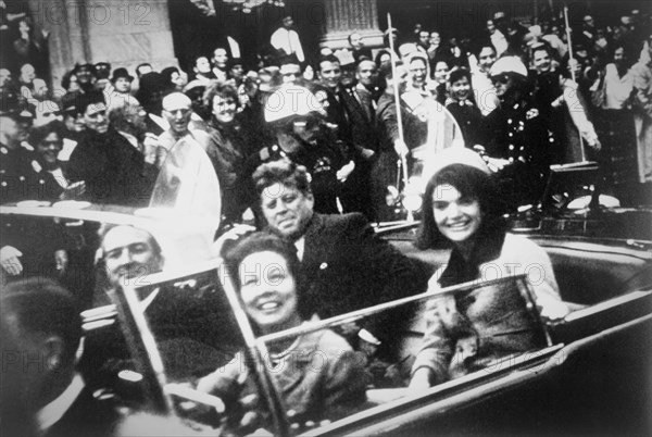 John F. Kennedy, Jacquelyn Kennedy, Texas Governor John Connally and Mrs. Connally in open top presidential limousine moments before the president's assasination in Dallas, Texas in November 1963.
