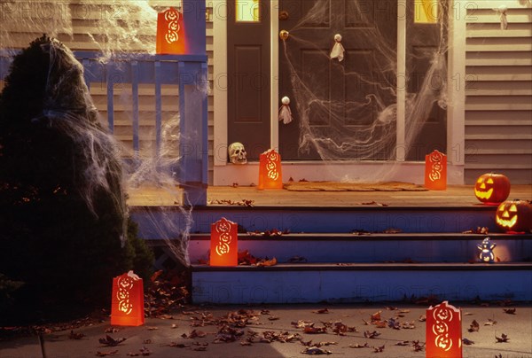 Residential Home has Halloween Decorations on the Front Porch, New England, USA
