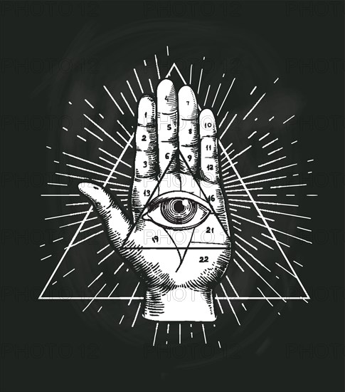 All Seeing Eye Triangle Geometric Vector Design. Providance Pyramid Tattoo Symbol with Occult Secret Hand Sign. Mystic Spiritual Illuminati Emblem Ske