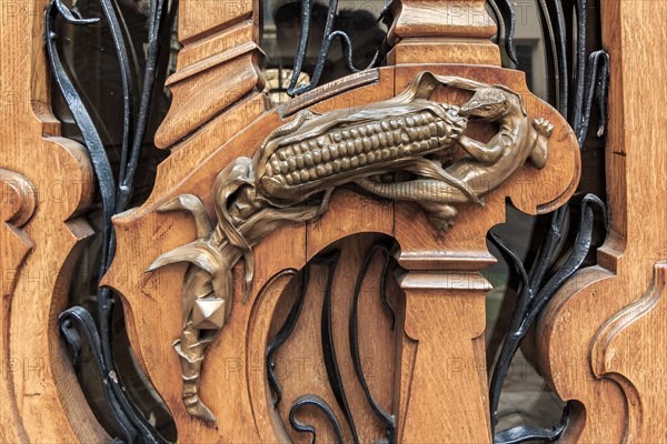 Ornate art nouveau wooden door detail with organic motif and a bronze figurine of a lizard eating an ear of corn for a door handle in Paris, France