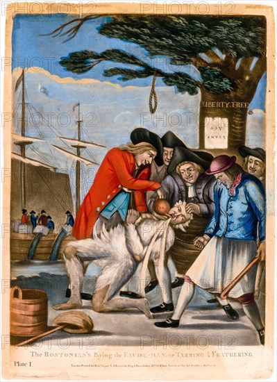 Boston Tea Party, The Bostonians Paying the Excise-man, or Tarring and Feathering, Philip Dawe, 1774, mezzotint