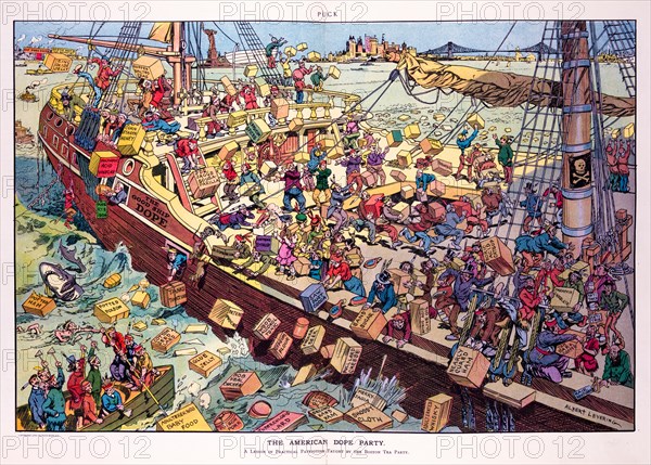 The American dope party, Puck Magazine's cartoon of the Boston Tea Party by Albert Levering, print, 1906
