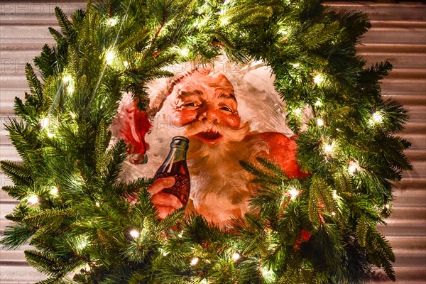 Orlando, Florida. December 19, 2018. Vintage Santa poster with holidays decorations at Seaworld in International Drive area (1)