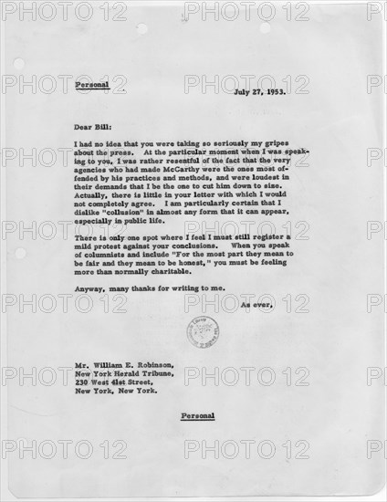 Letter from President Eisenhower to William E. Robinson; Scope and content: This document relates to McCarthyism.
