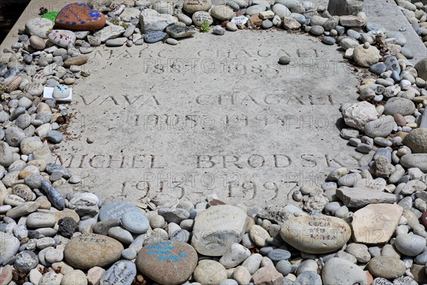 Gravestone of Marc Chagall in the multi-denominational cemetery in the traditional artists' town of Saint-Paul-de-Vence, France