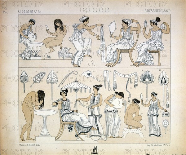 Illustration depicting Greek coiffure, make-up, and personal hygiene for women in ancient Greece. 19th century