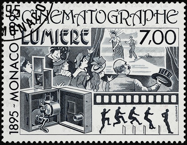 Cinematograph of Lumiere brothers on postage stamp