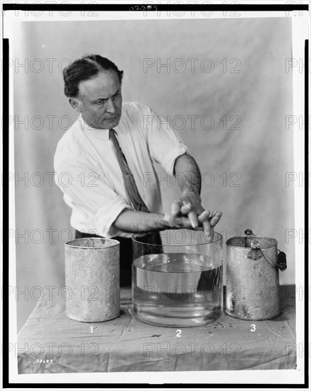 In this sequence of photographs Harry  Houdini demonstrated how spirit hands that appeared at seances were made by less ethereal beings. In "A magician among the spirits" Houdini described the mediumistic fraud known as "finger-printing a spirit." A mold of a dead person's hand would be carefully prepared and, during a seance with the believed relatives, fingerprints of the deceased would appear on a lampblacked trumpet.