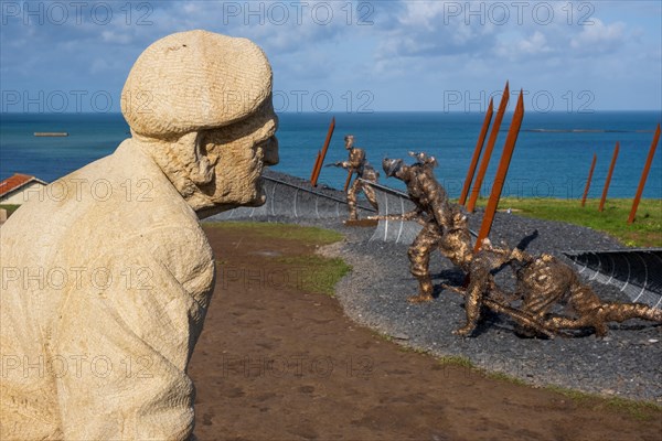 Statue of D-Day veteran Bill Pendell in D-Day 75 Garden memorial at Arromanches, Normandy