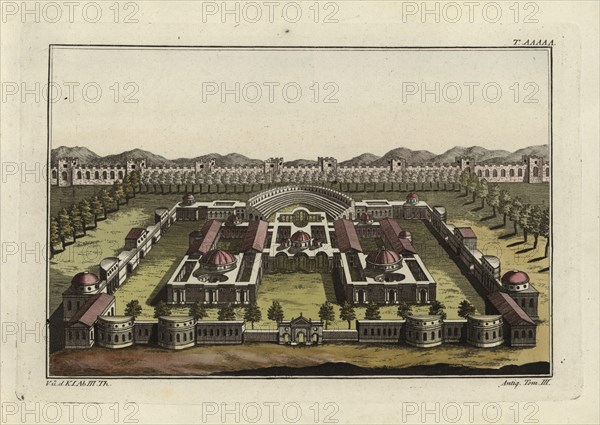 Baths of Diocletian (Thermae Diocletiani) in Rome, with hot baths Caldarium, sauna Tepidarium, cold baths Frigidarium and Natatio. Handcoloured copperplate engraving from Robert von Spalart's "Historical Picture of the Costumes of the Principal People of Antiquity and of the Middle Ages," Chez Collignon, Metz, 1810.