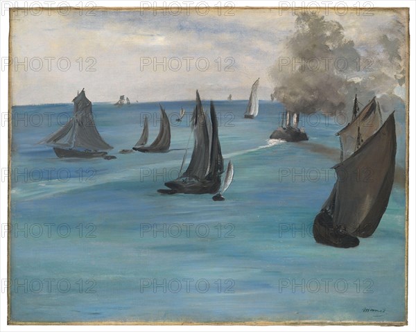 Édouard Manet. Sea View, Calm Weather (Vue de mer, temps calme). 1864–1865. France. Oil on canvas This is one of Édouard Manet’s earliest paintings of the sea, a subject to which he returned repeatedly. It is one of three or four works that he painted in Paris from sketches made on a vacation with his family in the northern port of Boulogne-sur-Mer. Though boldly brushed and almost calligraphic in form, the vessels remain identifiable as specific types. A side-wheel packet steamer heads up the Channel, leaving the slower sailing boats in its wake.