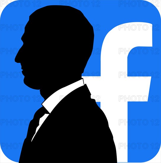 Mark Zuckerberg silhouette and Facebook logo behind him. Conceptual VECTOR illustration.