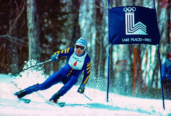 Ingmar Stenmark of Sweden competing  in the giant slalom  at the 1980 Olympic Winter Games