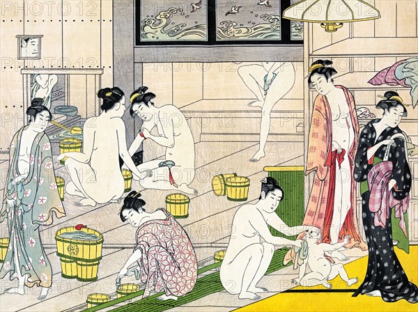 Japan: 'Bathhouse women'. Ukiyo-e woodblock print by Torii Kiyonaga (1752 - 28 June 1815), c. 1780.

Torii Kiyonaga was a Japanese ukiyo-e printmaker and painter of the Torii school. Originally Sekiguchi Shinsuke, the son of an Edo bookseller, he took on Torii Kiyonaga as an art-name (go). Although not biologically related to the Torii family, he became head of the group after the death of his adoptive father and teacher Torii Kiyomitsu.