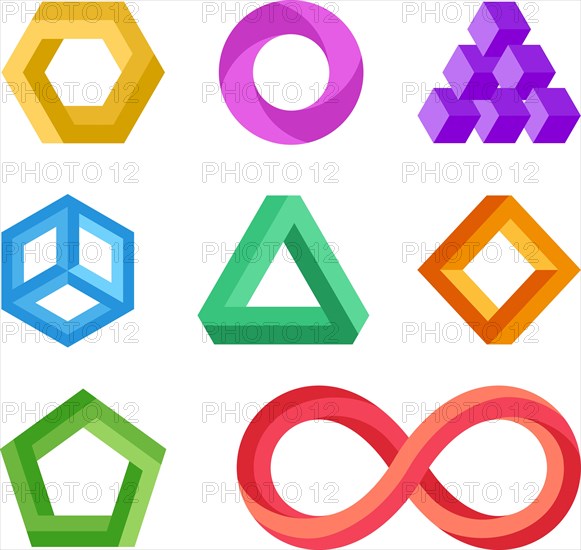 Impossible geometric shapes vector set. Abstract colored object element for logo illustration