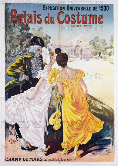 UNIVERSAL EXHIBITION 1900 PALACE OF COSTUME, EIFFEL L. Lemoine-Maudet, dit Lem. Imprimerie Chaix. Exposition Universelle de 1900, Palais du Costume, Champ-de-Mars. Affiche. Lithographie couleur, 1900. Paris, musée Carnavalet.