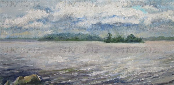 Volga river, rain in summer, oil painting