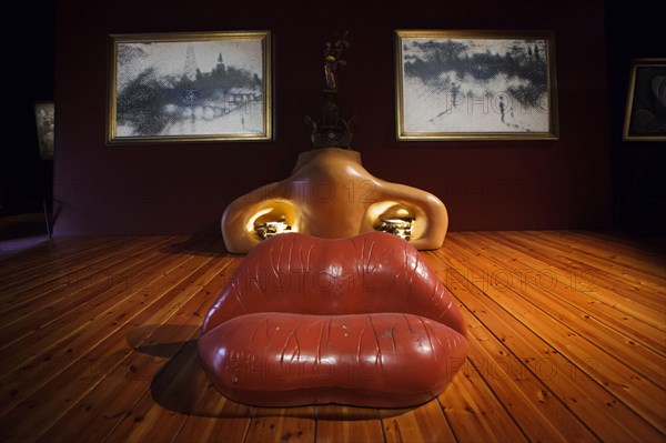 Installation 'Portrait of Mae West' designed by Spanish architect Oscar Tusquets Blanca on display in the Salvador Dalí Theatre and Museum in Figueres, Catalonia, Spain. The installation is a spatial interpretation of the painting by Spanish surrealist painter Salvador Dalí entitled 'Portrait of Mae West cum apartment' painted 1934-1935 and which is now in the Art Institute of Chicago.
